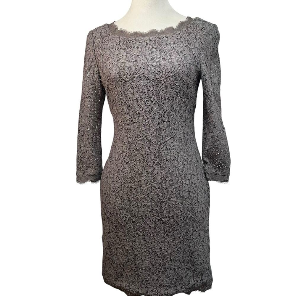 Adrianna Papell Evening Lace Sheath Dress | 4 Petite | Taupe | Wedding Guest